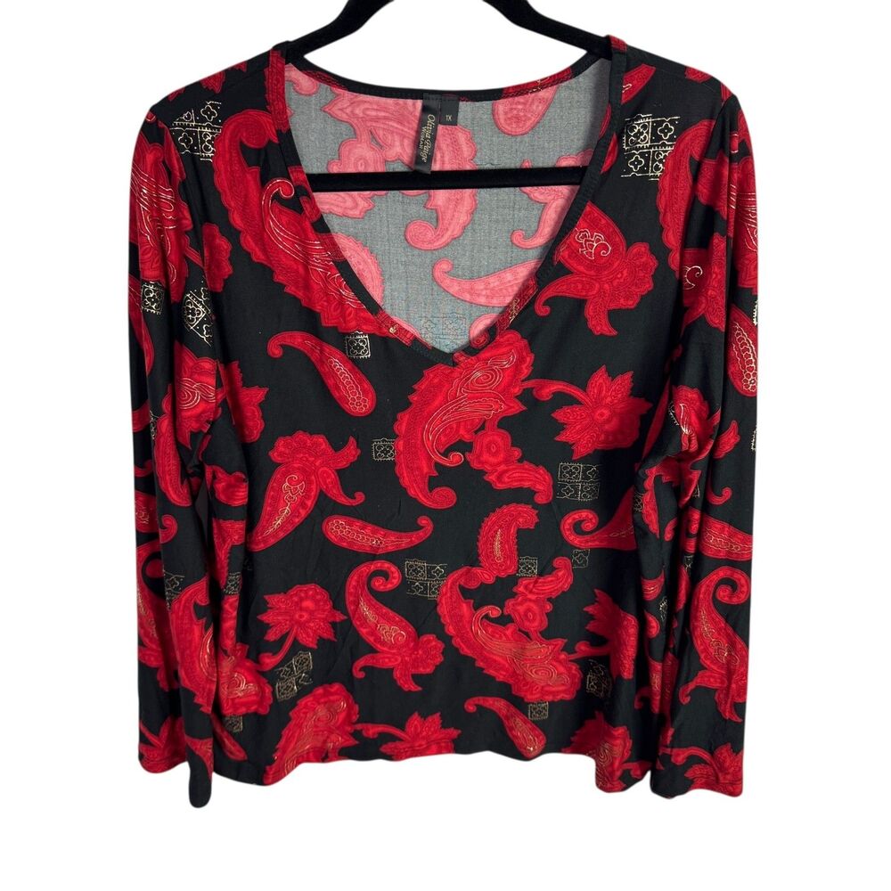 Olivia Paige Women's Blouse Top Size 1X Black/Red Paisley Print Long Sleeves